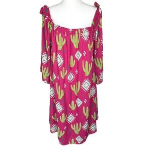 BERRY N CREAM Woman's XL Pink Cactus Print Oversized Midi Dress Western Cowgirl